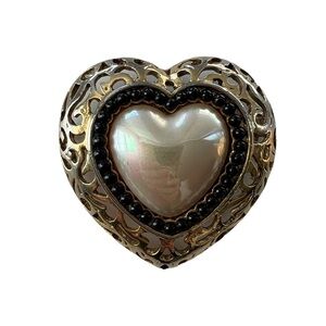Antique Style Brooch Stamped RAFT Gold WHITE Heart Filigree Black Bead Grandma